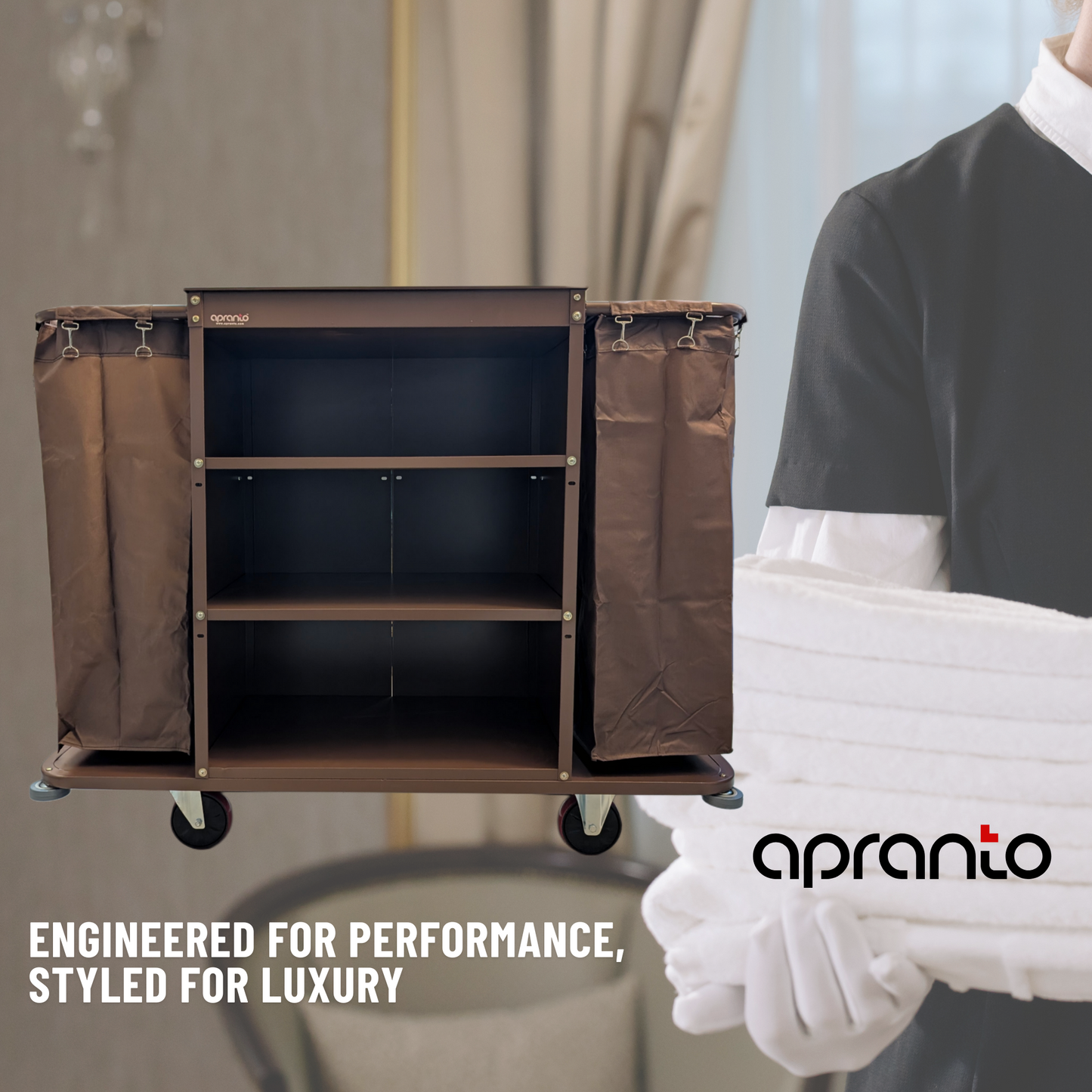 Housekeeping Trolley | 3 Shelves | Double Removable Laundry Bag