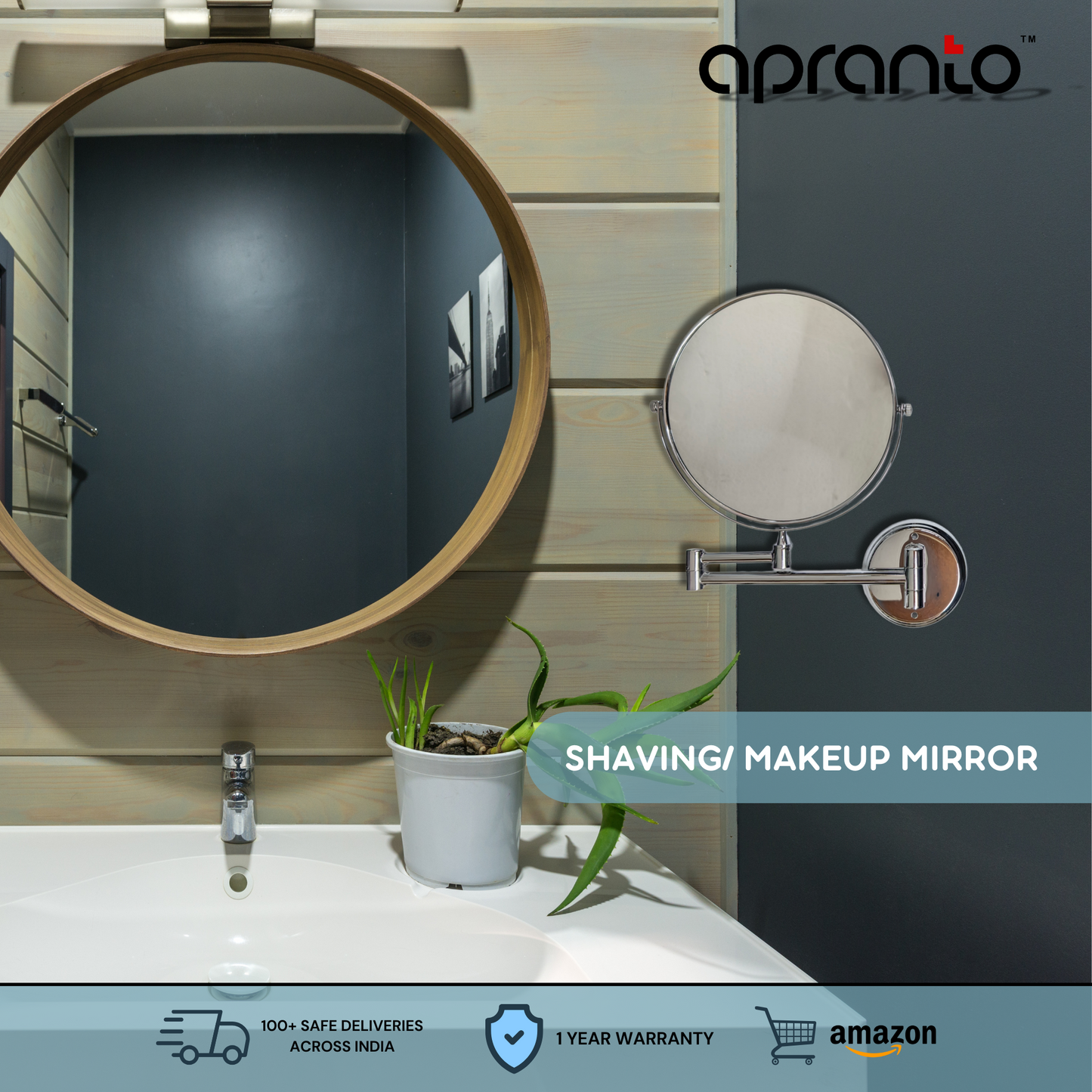 Wall Mount Stainless Steel 360 Degree Pull in Make Up Mirror | Shaving Mirror | 5X Zoom Magnifying | 8 Inches