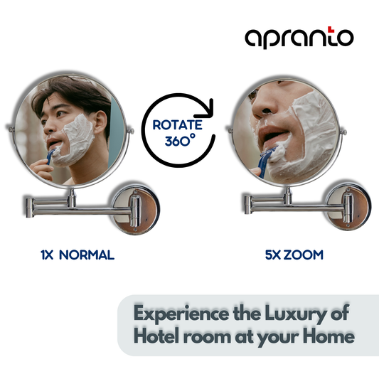 Wall Mount Stainless Steel 360 Degree Pull in Make Up Mirror | Shaving Mirror | 5X Zoom Magnifying | 8 Inches