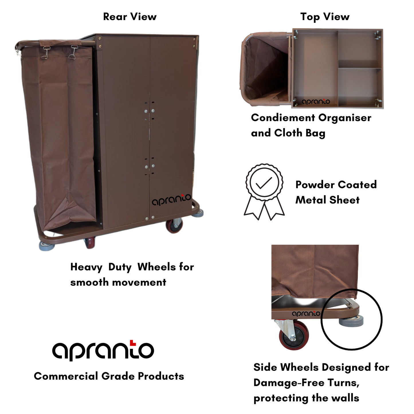 Housekeeping Trolley | 3 Shelves | Removable Laundry Bag