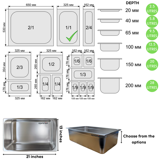 GN Pan Container 1/2 | Stainless Steel | (Without Lid) (150mm | 6 Inch Deep | 9 Litres)