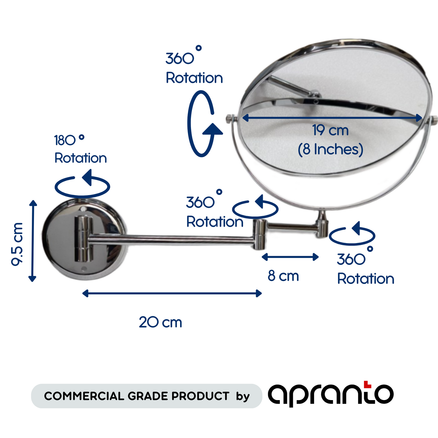 Wall Mount Stainless Steel 360 Degree Pull in Make Up Mirror | Shaving Mirror | 5X Zoom Magnifying | 8 Inches