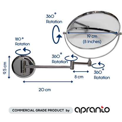 Wall Mount Stainless Steel 360 Degree Pull in Make Up Mirror | Shaving Mirror | 5X Zoom Magnifying | 8 Inches